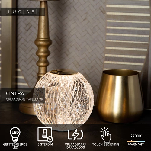 Lucide CINTRA - Oplaadbare Tafellamp - Accu/Batterij - Ø 9 cm - LED 3 StepDim - 1x1,5W 2700K - Transparant - USP